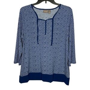 Chico's Mini Medallions Bristol Split Neck Top Size 1 (US M) 3/4 Sleeve Blue